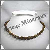 OEIL DE TIGRE - Collier Compos� : Olives Cisel�es 8x12 mm et Perles Cisel�es 8 mm - 43 cm - C003