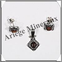 AMBRE - Boucles d'Oreilles Argent + Pendentif assorti - Puce - Carrs 10x10 mm - L101