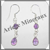 AMETHYSTE - Boucles d'Oreilles Argent - 2 Cabochons (2 Etages) - Hameon - 25 mm - P012