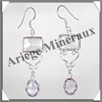 AMETHYSTE - Boucles d'Oreilles Argent - 2 Cabochons Facets (2 Etages) - Hameon - 50 mm - P016