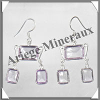 AMETHYSTE - Boucles d'Oreilles Argent - 3 Cabochons Facets (2 Etages) - Hameon - 35 mm - P017