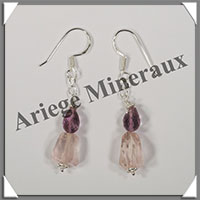 AMETHYSTE + QUARTZ ROSE - Boucles d'Oreilles Argent - Fantaisie - Hameon - 35x9 mm - W001