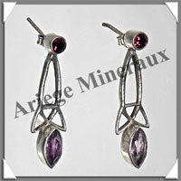GRENAT et AMETHYSTE - Boucles d'Oreilles Argent - 2 Cabochons Facets (2 Etages) - Clou - 35 mm - P003