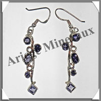 IOLITE (Saphir d'Eau) - Boucles d'Oreilles Argent - 5 Cabochons Facets (5 Etages) - Hameon - 40 mm - P001