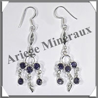 IOLITE (Saphir d'Eau) - Boucles d'Oreilles Argent - 5 Cabochons Facets (2 Etages) - Hameon - 55 mm - P006