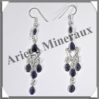 IOLITE (Saphir d'Eau) - Boucles d'Oreilles Argent - 6 Cabochons Facets (5 Etages) - Hameon - 65 mm - P008