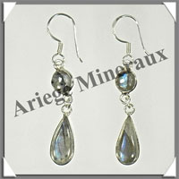 LABRADORITE - Boucles d'Oreilles Argent - 2 Cabochons (2 Etages) - Hameon - 35 mm - P006