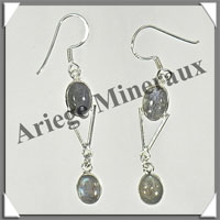 LABRADORITE - Boucles d'Oreilles Argent - 2 Cabochons (2 Etages) - Hameon - 35 mm - P008