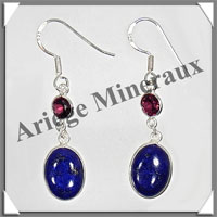 LAPIS LAZULI et GRENAT - Boucles d'Oreilles Argent - 2 Cabochons Facets (2 Etages) - Hameon - 30 mm - P002