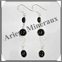 OBSIDIENNE NOIRE - Boucles d'Oreilles Argent - 3 Cabochons (3 Etages) - Hameon - 50 mm - P001