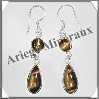 OEIL de TIGRE - Boucles d'Oreilles Argent - 2 Cabochons (2 Etages) - Hameon - 35 mm - P006