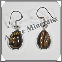 OEIL de TIGRE - Boucles d'Oreilles Argent - Goutte - Hameon - 15x10 mm - W006