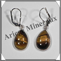 OEIL de TIGRE - Boucles d'Oreilles Argent - Goutte - Dormeuse Ferme - 15x10 mm - W007
