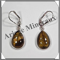 OEIL de TIGRE - Boucles d'Oreilles Argent - Goutte - Dormeuse Ferme - 15x10 mm - W008
