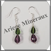 PERIDOT + AMETHYSTE - Boucles d'Oreilles Argent - Fantaisie - Hameon - 35x8 mm - W002