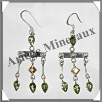 PERIDOT et CITRINE - Boucles d'Oreilles Argent - 5 Cabochons Facets (3 Etages) - Hameon - 50 mm - P022