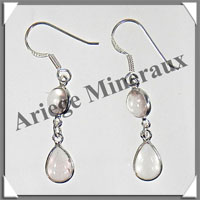 QUARTZ ROSE - Boucles d'Oreilles Argent - 2 Cabochons (2 Etages) - Hameon - 25 mm - P006