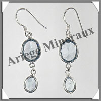 TOPAZE BLEUE - Boucles d'Oreilles Argent - 2 Cabochons Facets (2 Etages) - Hameon - 35 mm - P008