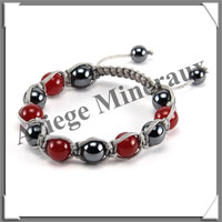 AGATE ROUGE et HEMATITE - Bracelet Shamballa - 11 Perles de 10 mm - Macram Argent - A