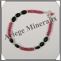 RUBIS + EMERAUDE - Bracelet Argent - Perles Ovales + Disques - 17 cm - 6,1 grammes - W002