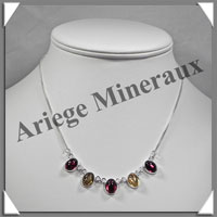AMBRE - Collier Argent - 5 Cabochons - Tricolore - 42 cm - L003