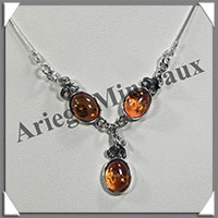 AMBRE - Collier Argent - 3 Cabochons - Caramel Clair - 48 cm - L008