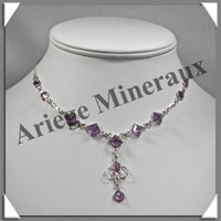 AMETHYSTE Cristallise - Collier Argent - 11 Cabochons Facets - 42 cm - P001