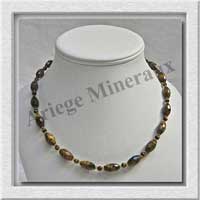 OEIL DE TIGRE - Collier Compos - Olives Facetes 12x8 mm et Perles 4 mm alterns - 45 cm - C004