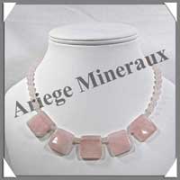 QUARTZ ROSE - Collier Compos - 5 Carrs 20x20 mm et Perles 6 mm en dgrad - 44 cm - M003