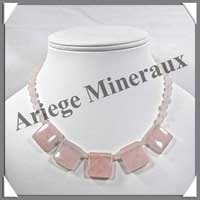 QUARTZ ROSE - Collier Compos - 5 Carrs 20x20 mm et Perles 6 mm en dgrad - 43 cm - M005