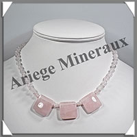 QUARTZ ROSE - Collier Compos - 3 Carrs 20x20 mm et Perles 6 mm en dgrad - 45 cm - M011