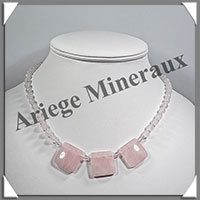 QUARTZ ROSE - Collier Compos - 3 Carrs 20x20 mm et Perles 6 mm en dgrad - 45 cm - M012