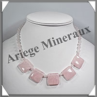 QUARTZ ROSE - Collier Compos - 5 Carrs 20x20 mm et Perles 6 mm en dgrad - 45 cm - M013