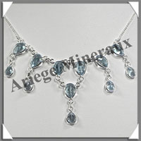 TOPAZE BLEUE Cristallise - Collier Argent - 12 Cabochons Facets - 42 cm - P004