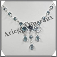 TOPAZE BLEUE Cristallise - Collier Argent - 15 Cabochons Facets - 42 cm - P006