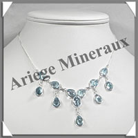 TOPAZE BLEUE Cristallise - Collier Argent - 12 Cabochons Facets - 42 cm - P007